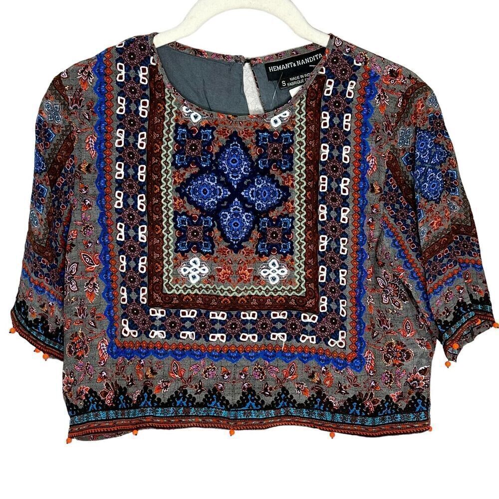 HEMANT & NANDITA Crop Top Size Small NEW Silk Paisley Print $176